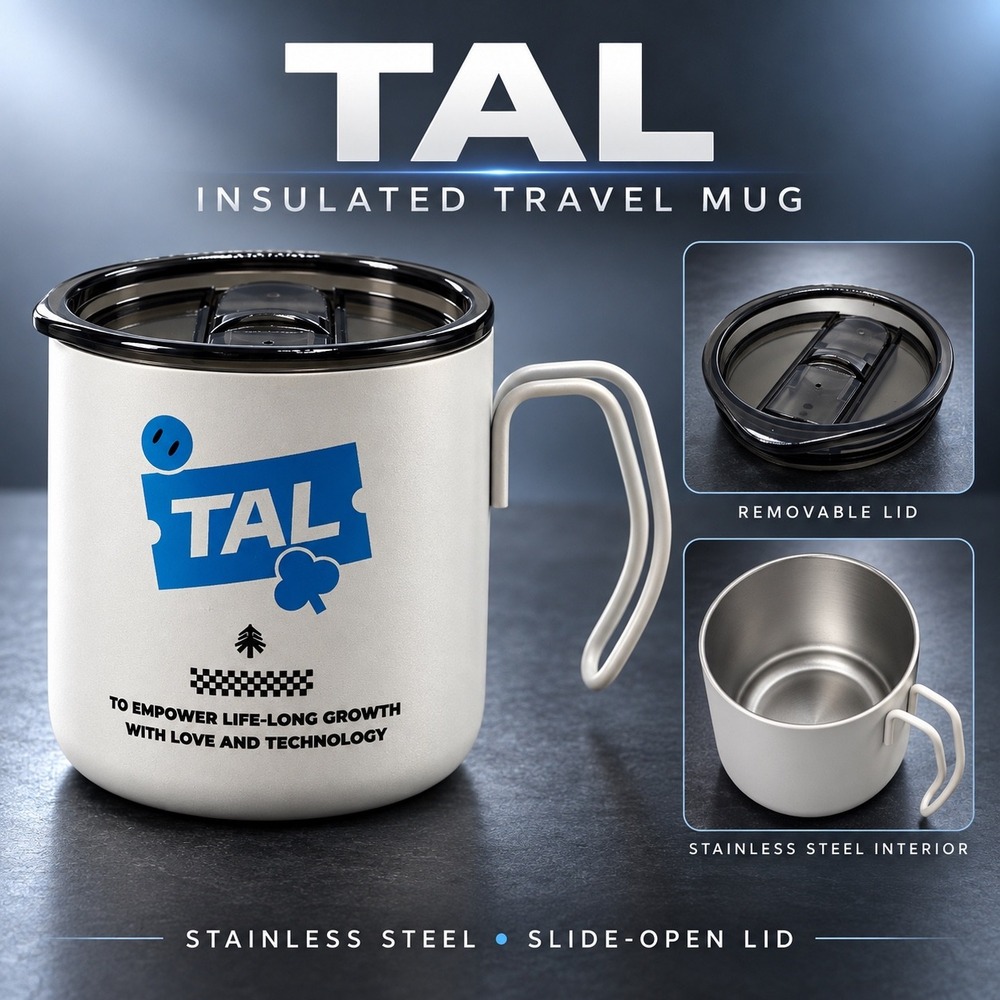 TAL Insulated Travel Mug White Stainless Steel Slide Lid Coffee Cup 12oz